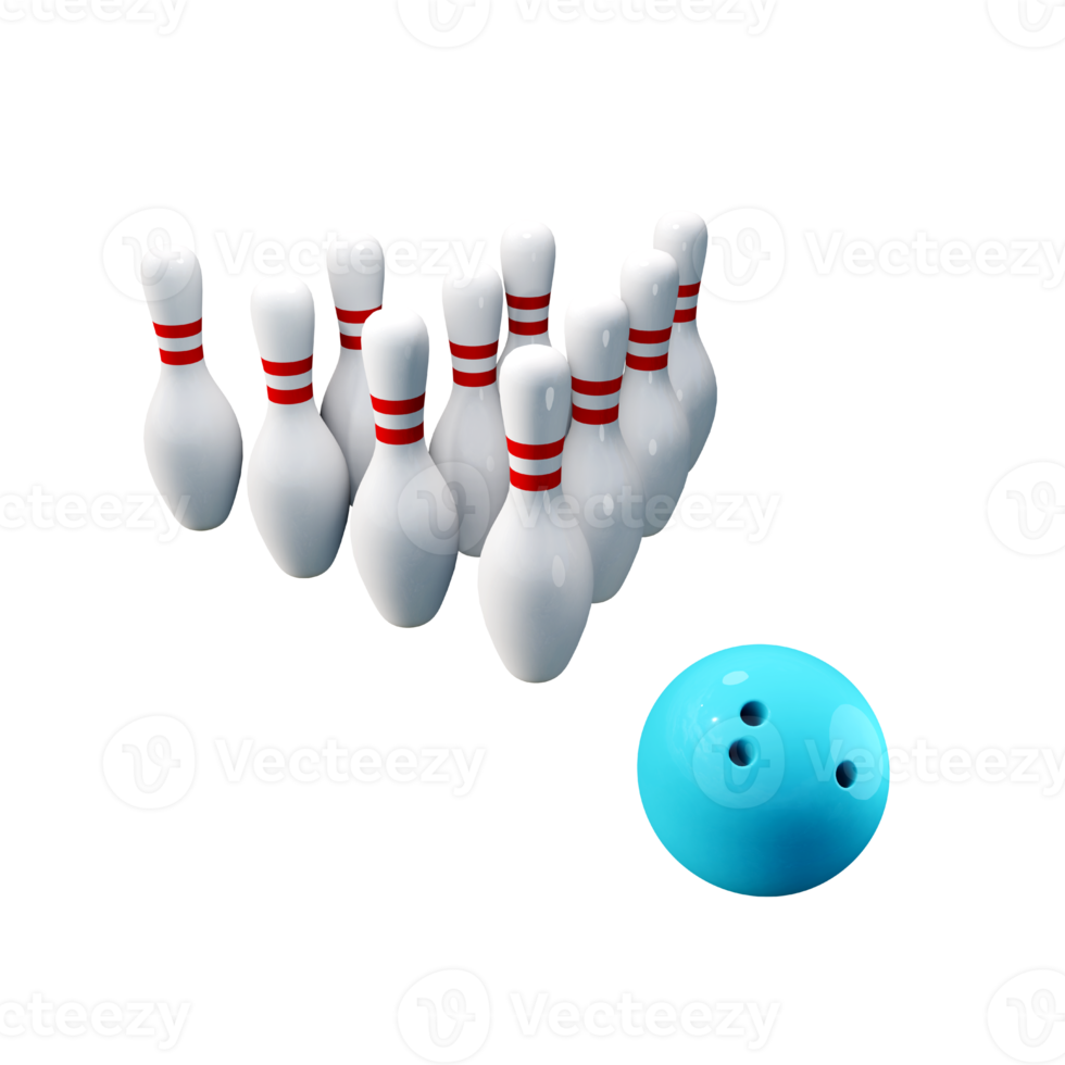 3d rendering of sports bowling ball and pins from perspective view png