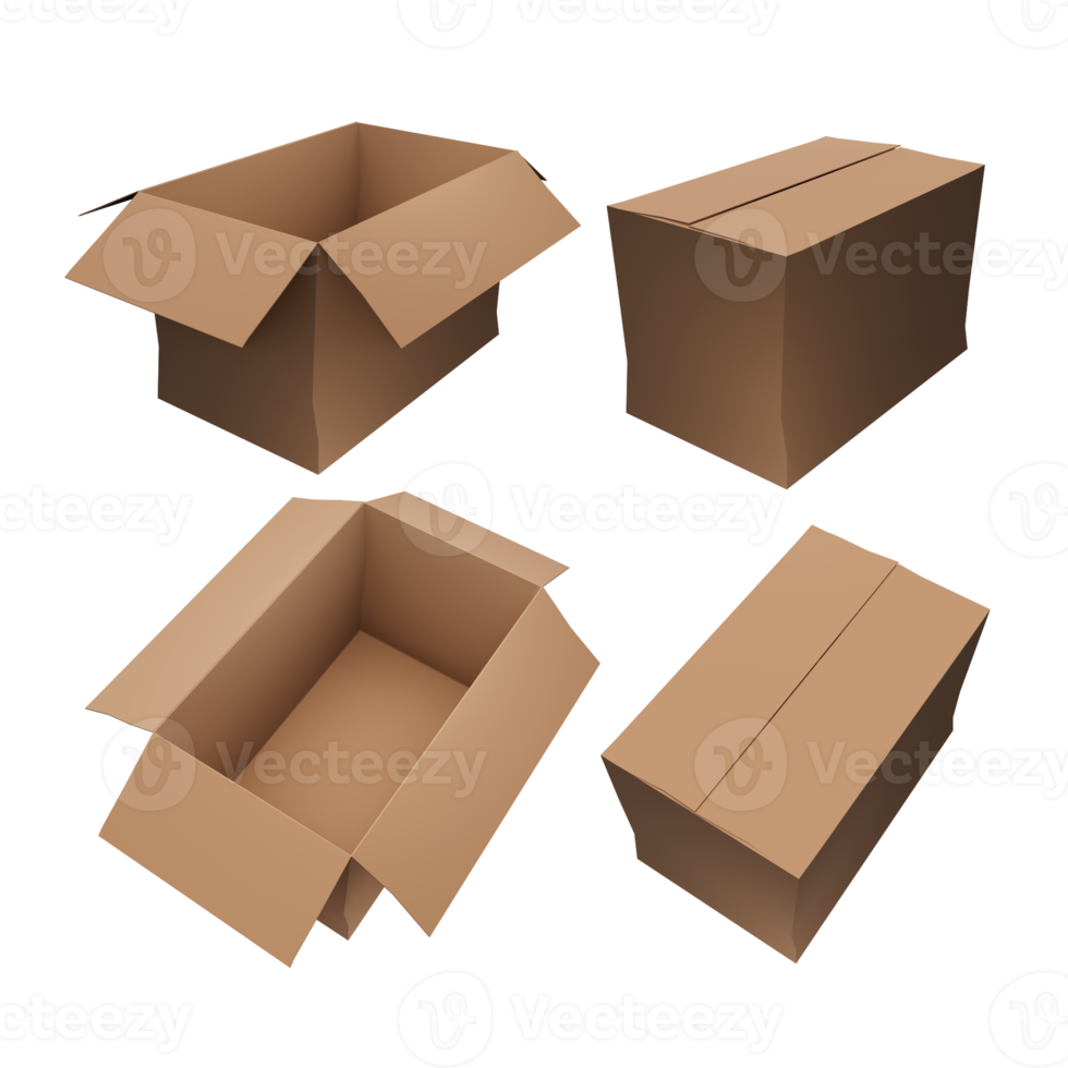3d rendering of open and close brown color cardboard box from perspective angle png