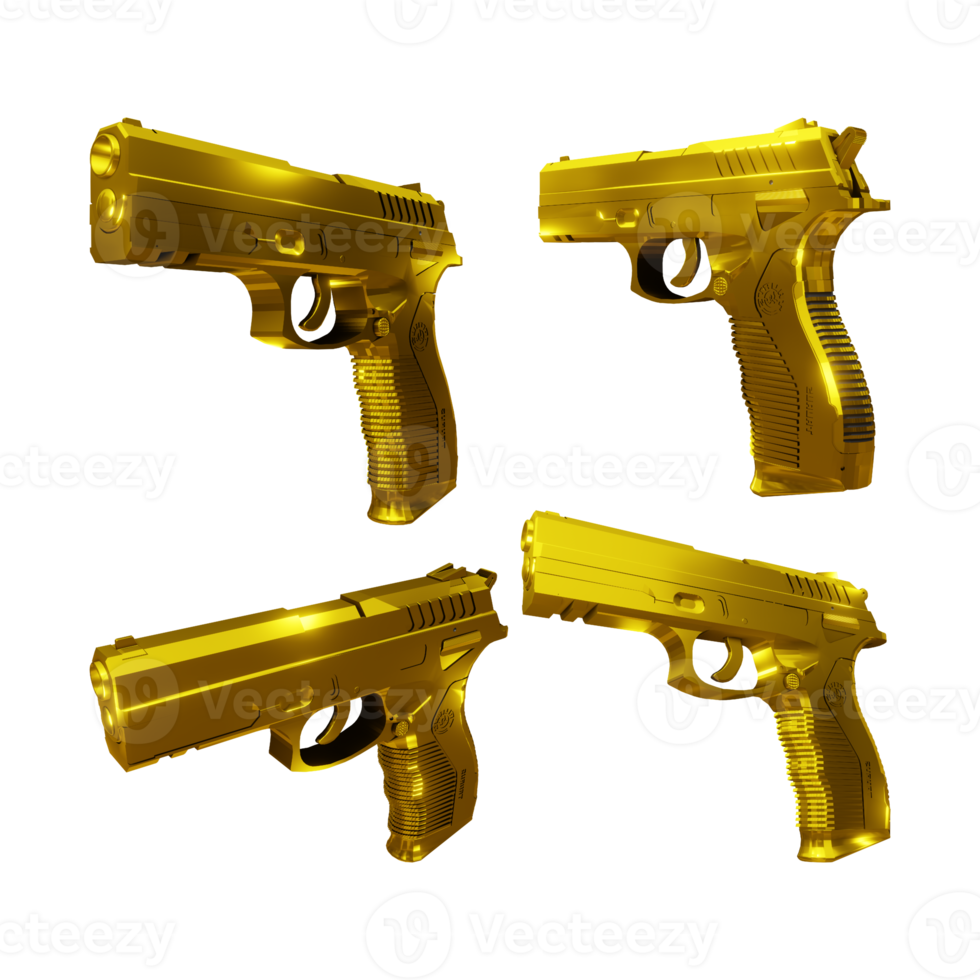 3d rendering of shiny golden gun from various perspective view png