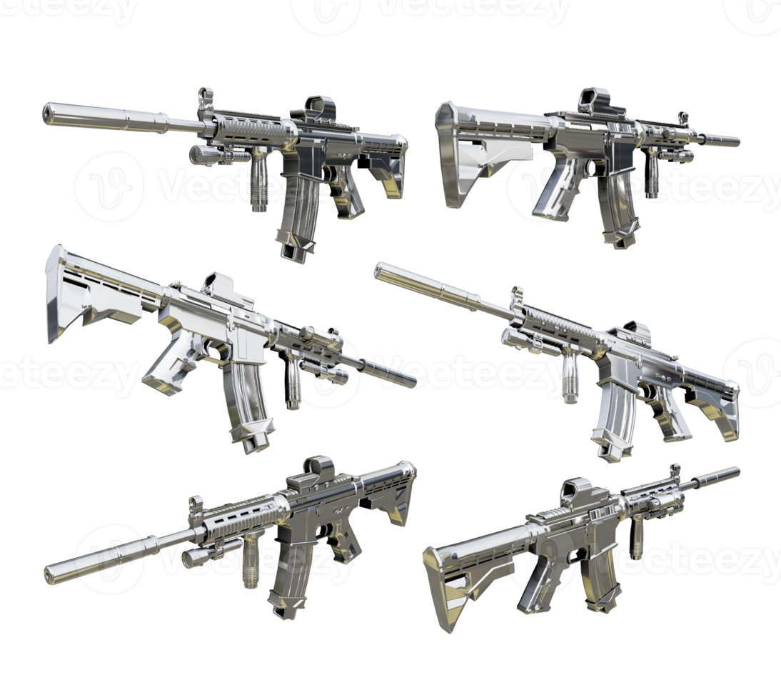 3d rendering silver metallic battle rifle war semi automatic machine gun from various view perspective png