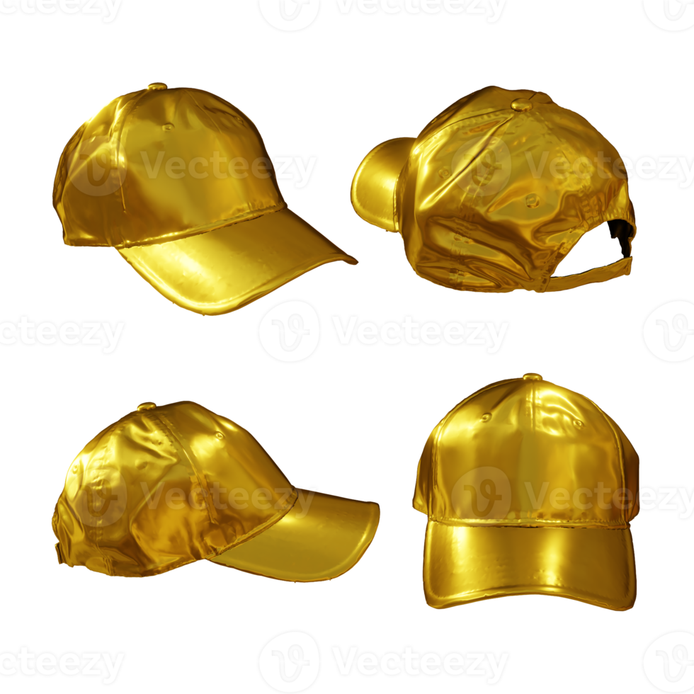 3d rendering of golden cap hat template from various angles of perspective view png