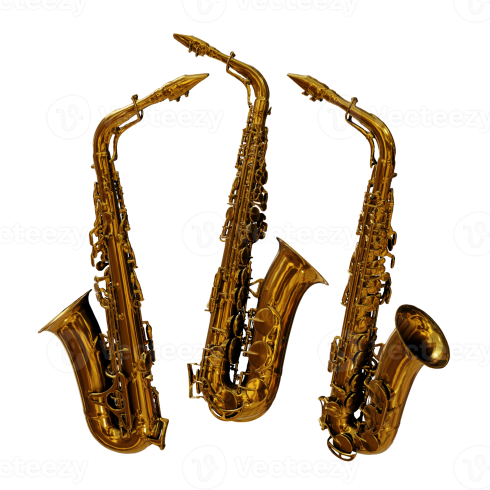 3d rendering of saxophone wind instrument shiny gold golden color perspective view png