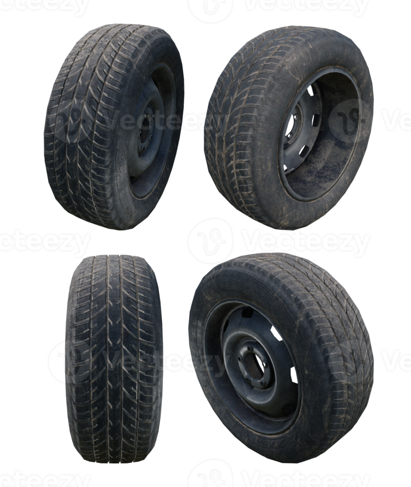 3d rendering old dirty car tires wheel perspective view png