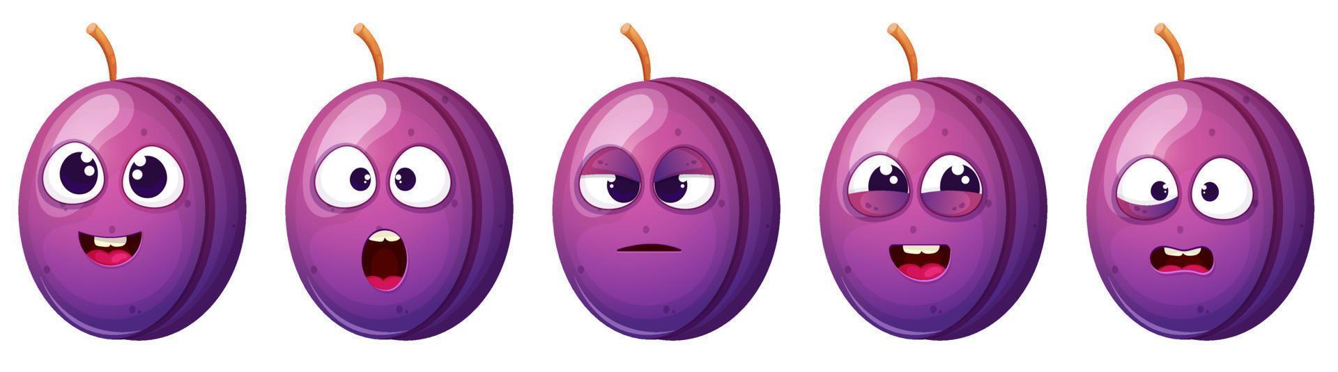 Funny cute plum set with different emotion face. vector