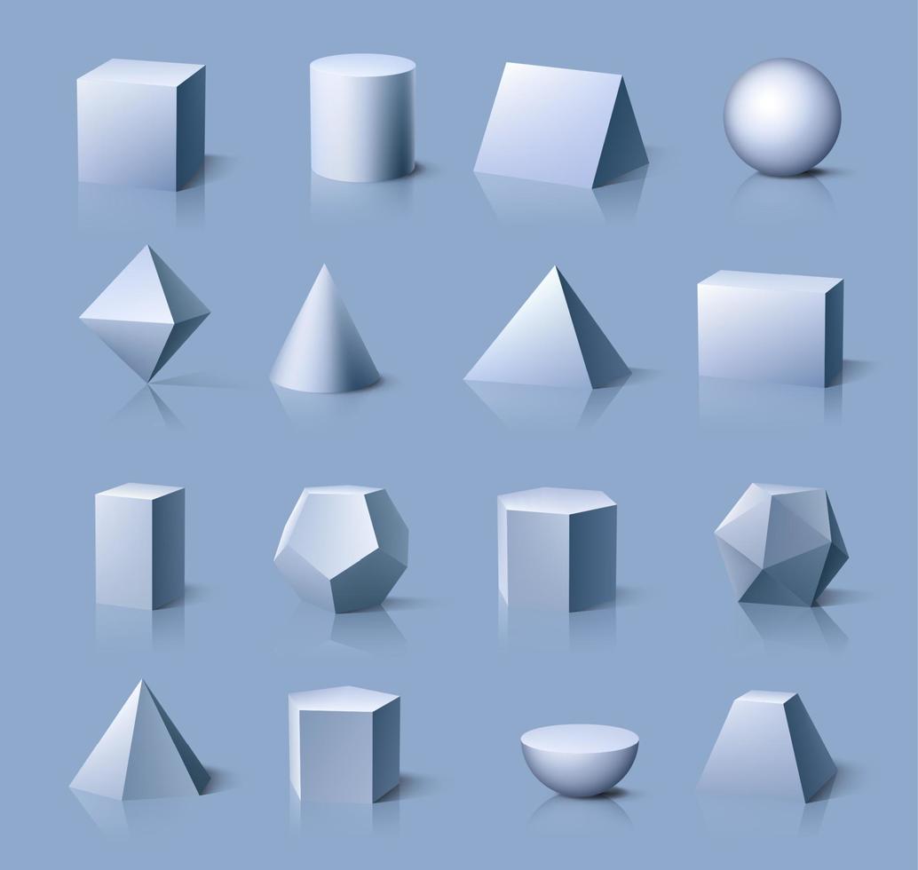 3D geometric shapes set. Cube, cylinder, pyramids vector