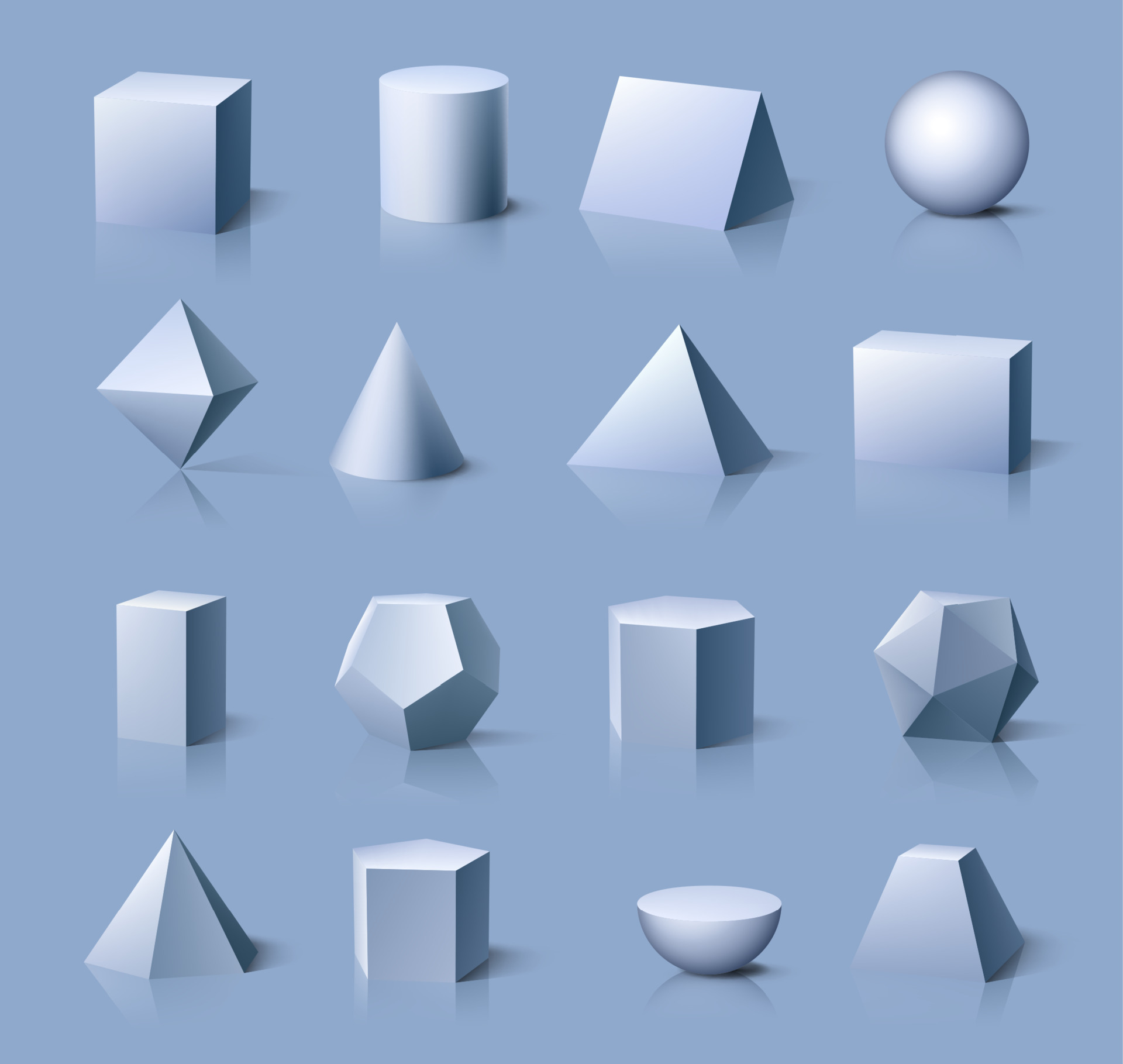 Realistic 3D color basic shapes. Solid colored geometric forms