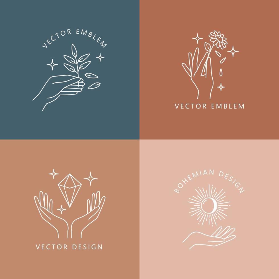 Boho plant, sun, flower, gem and twig line icons vector