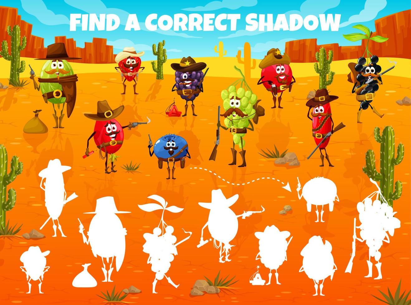 Find correct shadow, cartoon Wild West berries vector