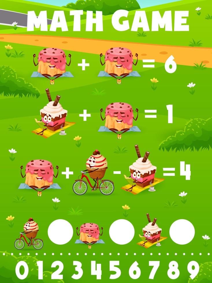Cartoon dessert and pancake characters math game vector
