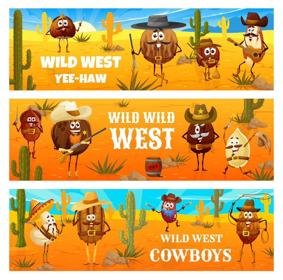 Wild west cartoon cowboy, ranger nut characters vector