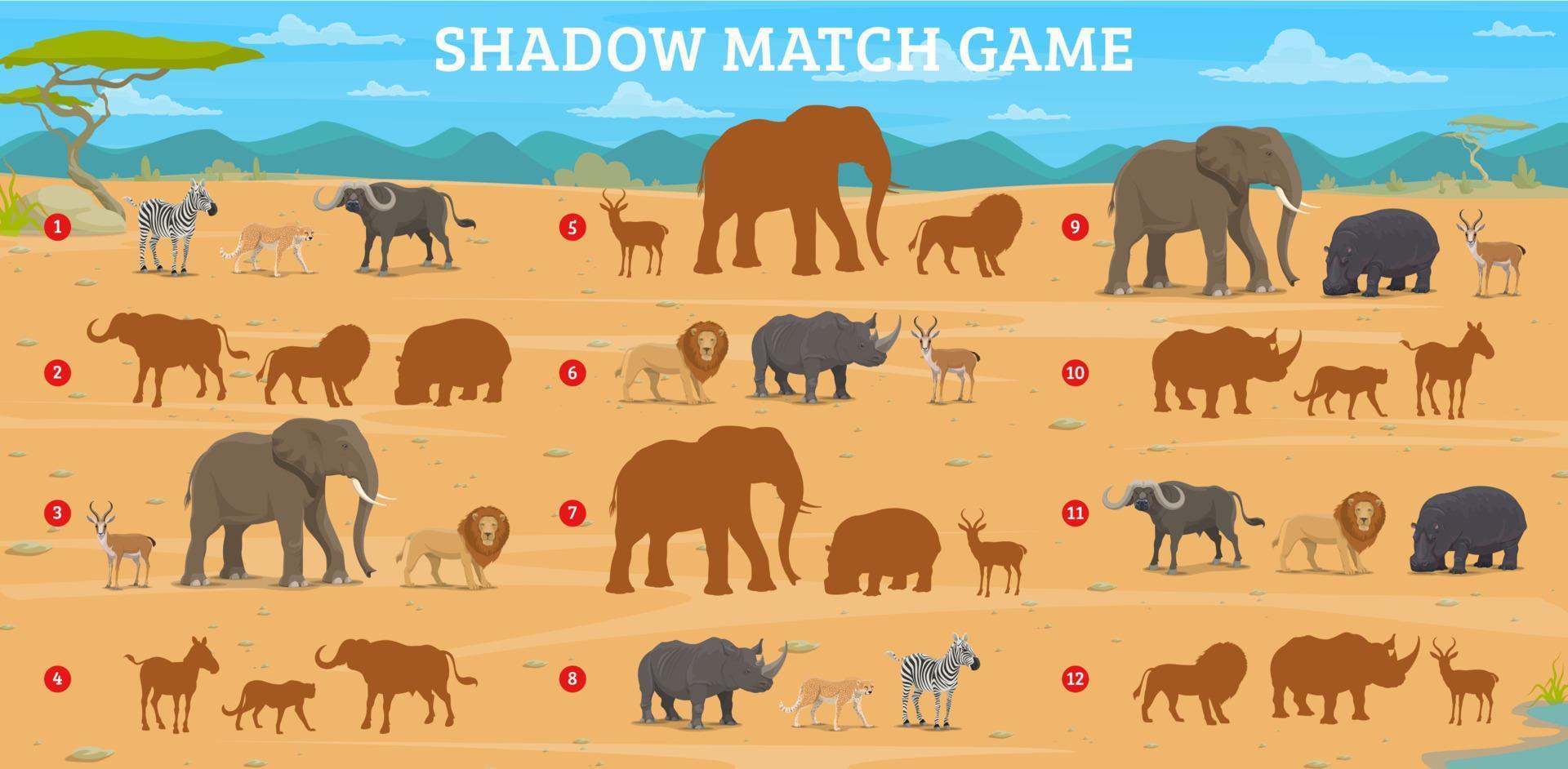 Shadow match game with african savannah animals vector