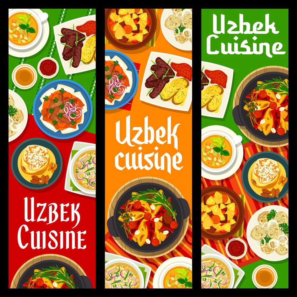 uzbeko cocina comidas pancartas, comida platos y comidas vector