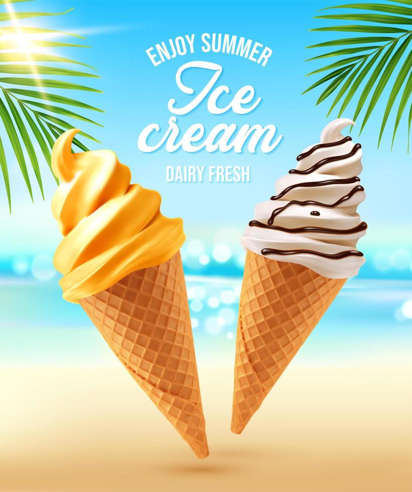 Realistic ice cream cones, summer beach landscape vector