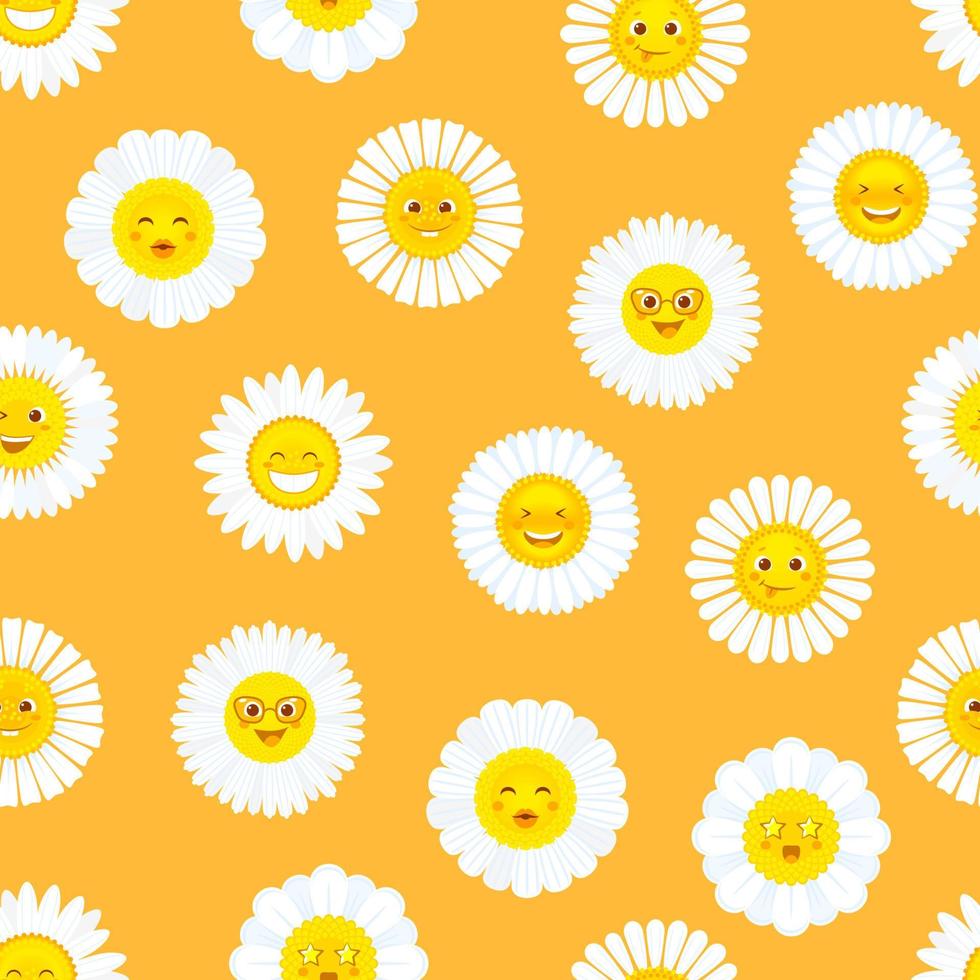 Camomile smile, daisy flowers seamless pattern vector