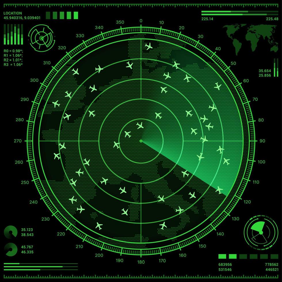 aire controlar Radar pantalla con aviones y mapa vector