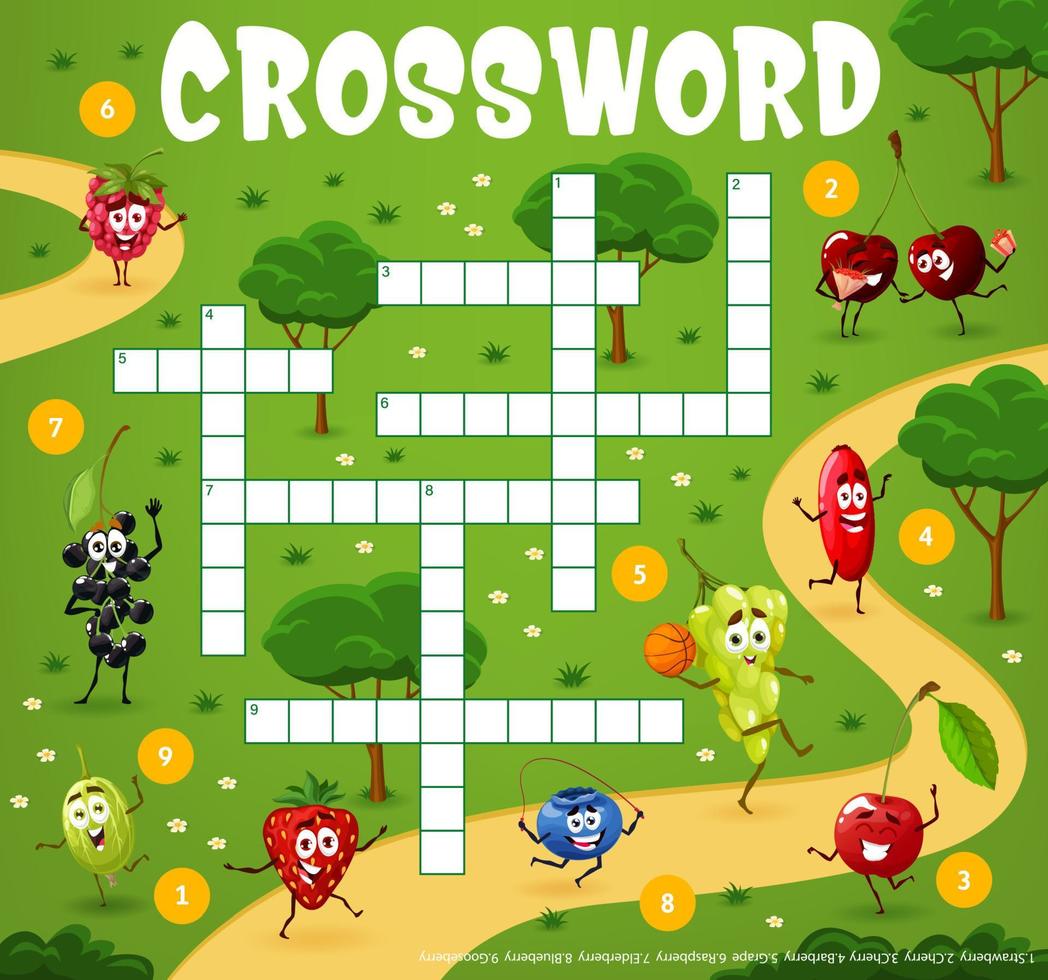 Cartoon berry characters on vacation crossword vector