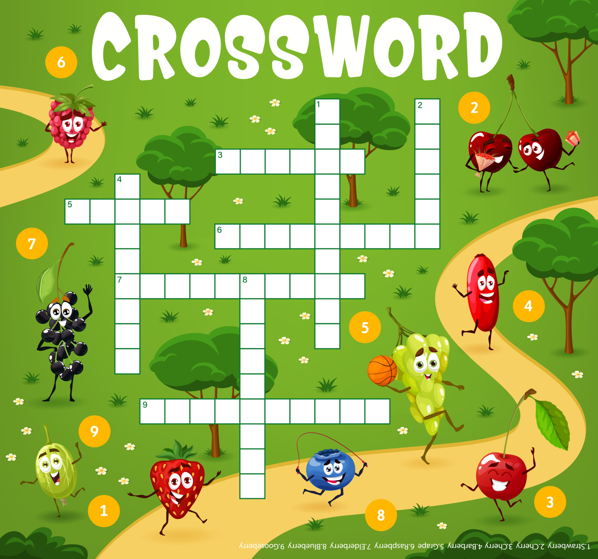 Cartoon berry characters on vacation crossword 21630265 Vector Art at