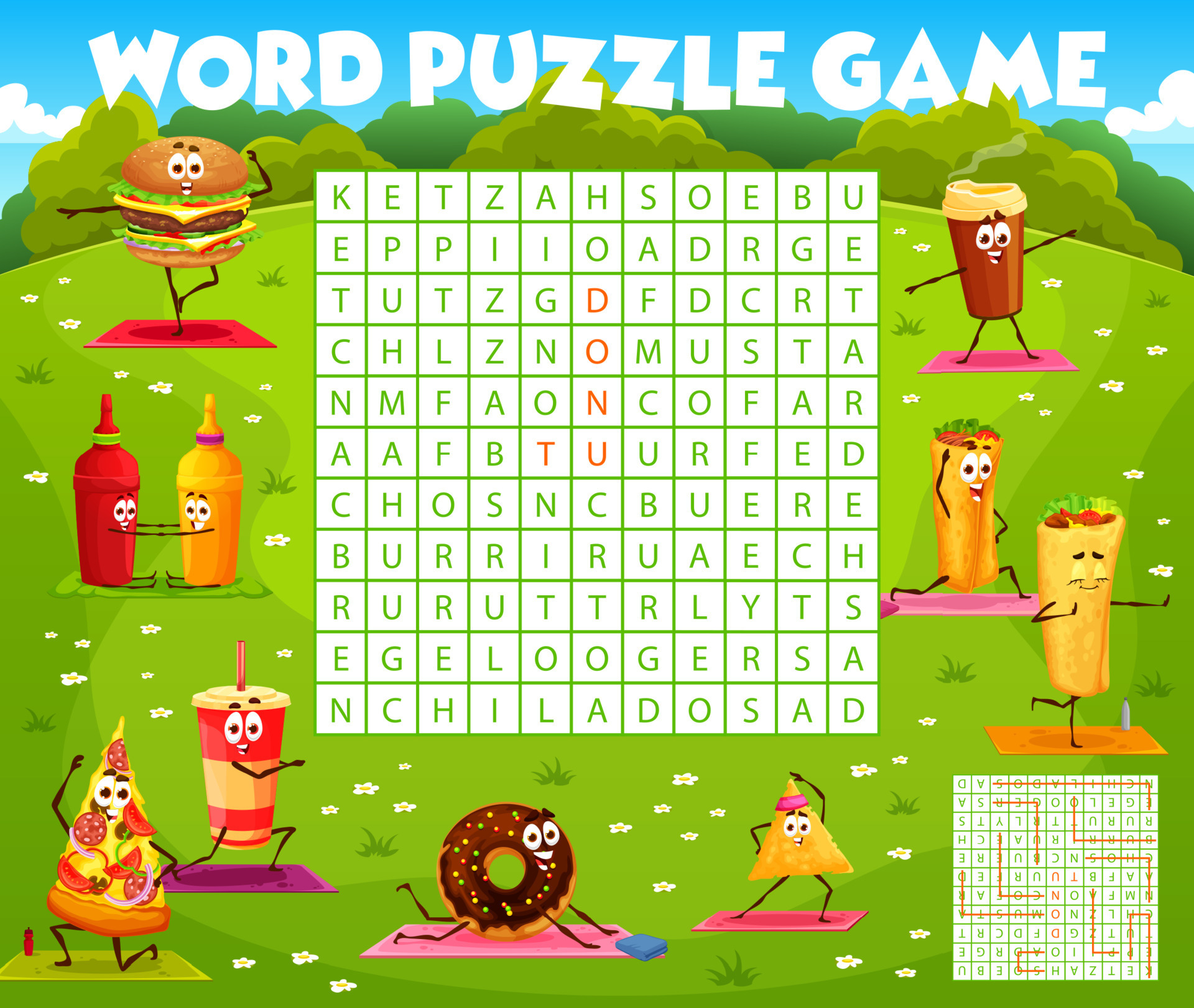 Word search puzzle quiz game, fast food on yoga 21630503 Vector Art at