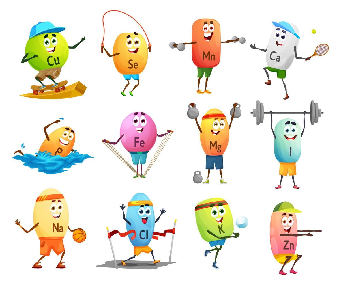 Cartoon cheerful mineral sportsman characters vector