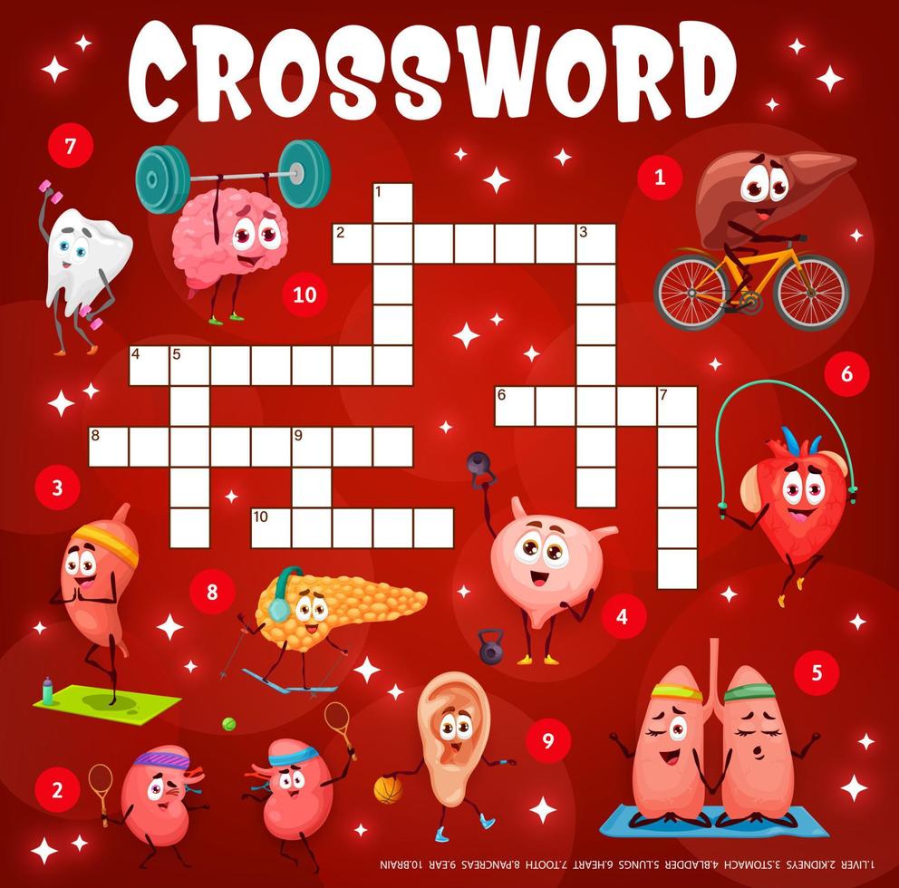 Crossword grid cartoon human organ characters vector