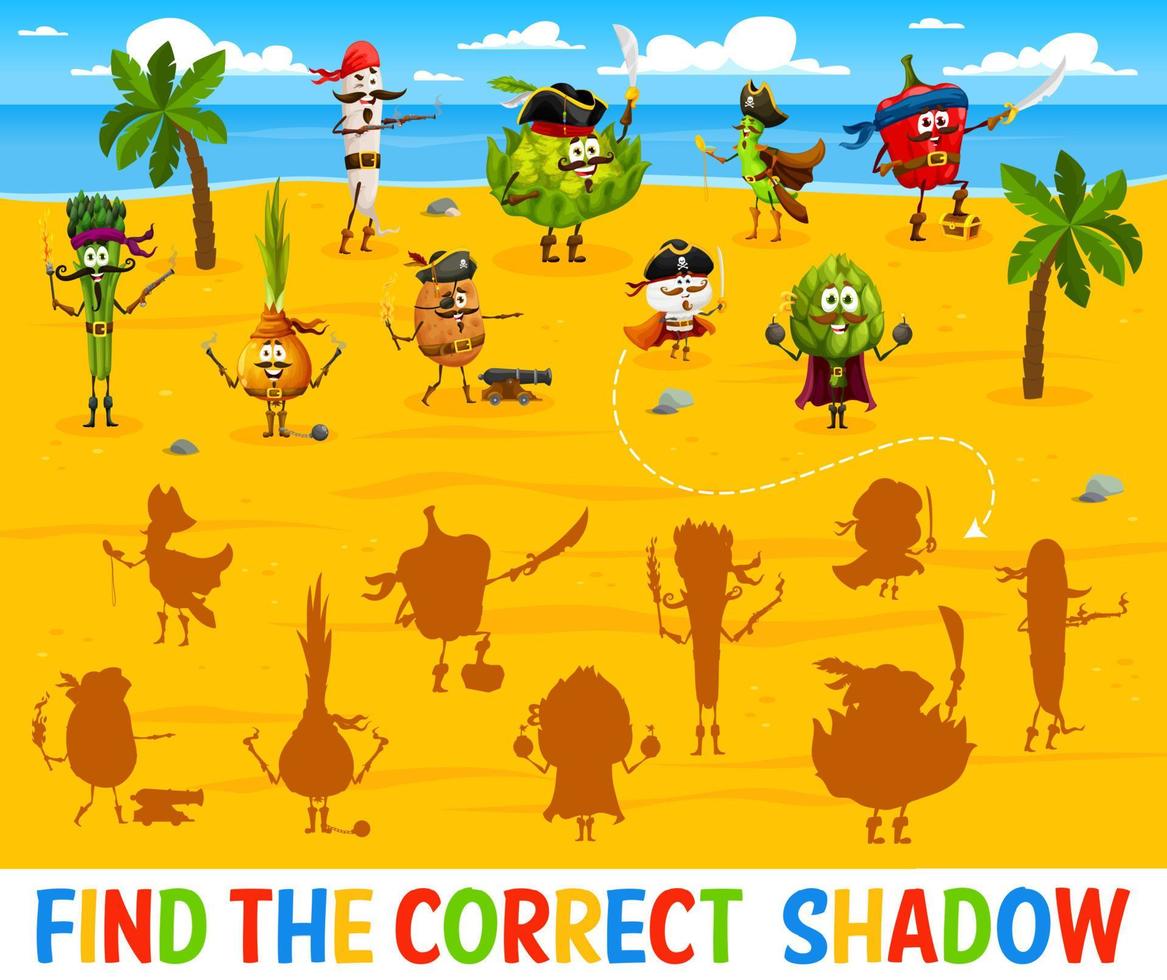 Find correct shadow of cartoon vegetable pirates vector