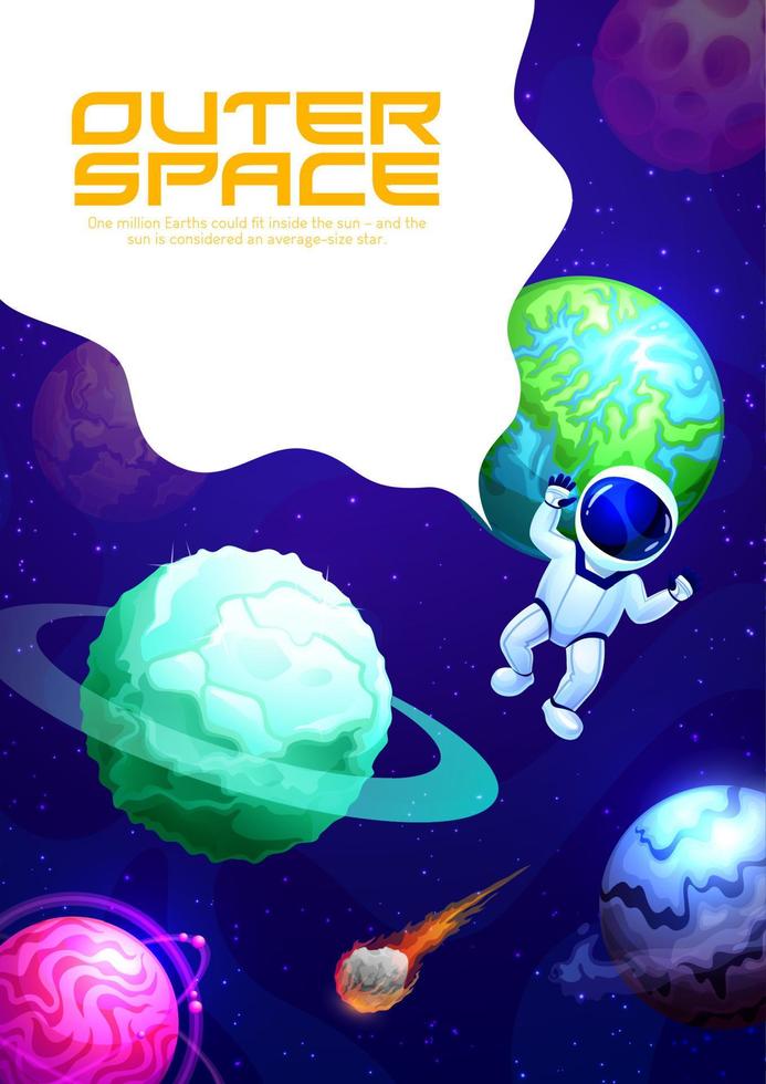 Cartoon space landing page, galaxy planet spaceman vector