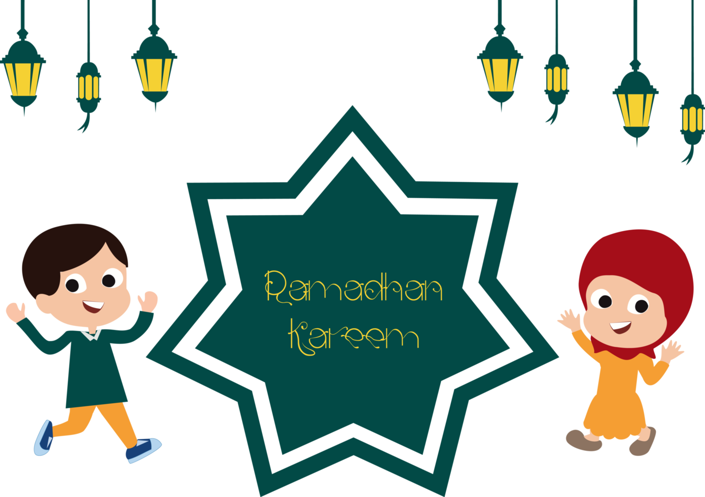 happy ramadan greeting card with kids cartoon character. happy ramadan greeting card decorated with lanterns and empty space png