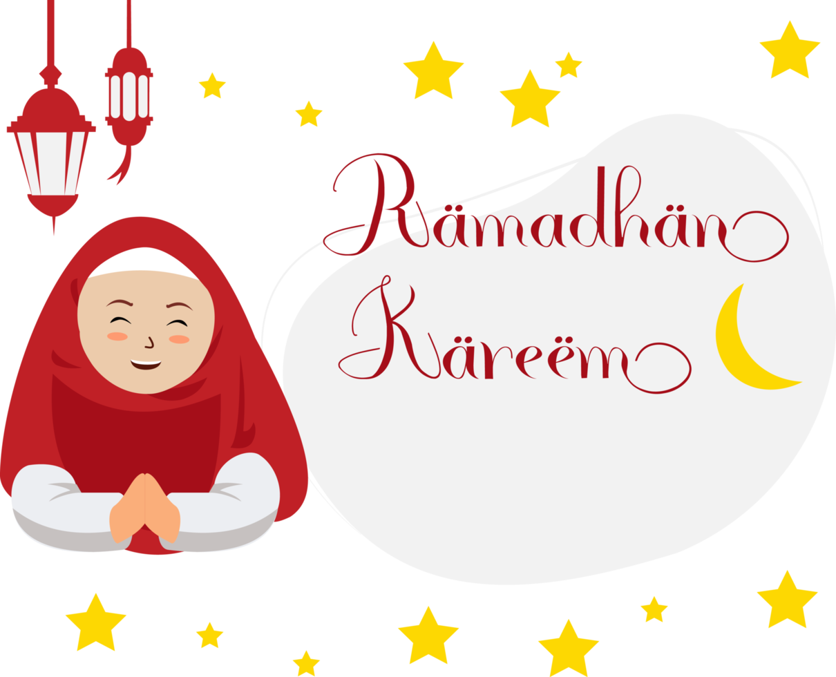 happy ramadan greeting card with cartoon character of muslim woman. happy ramadan greeting card decorated with lanterns, stars, crescent moon and empty space png