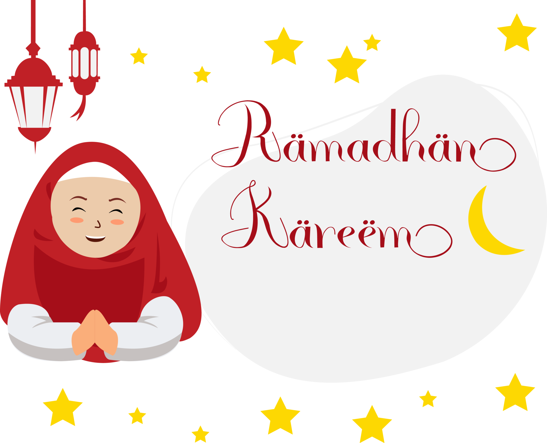 happy ramadan greeting card with cartoon character of muslim woman