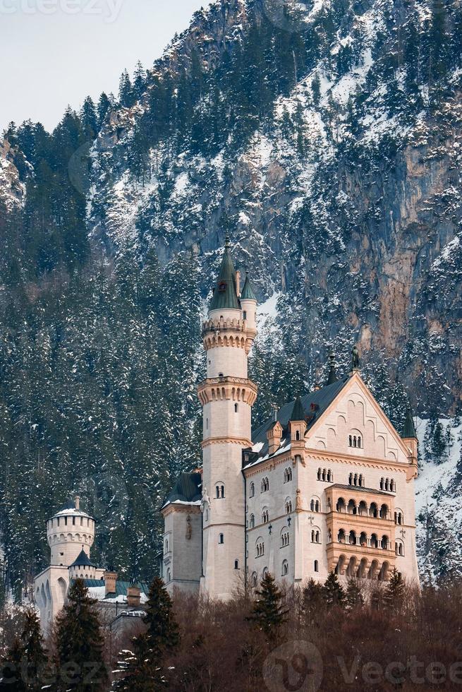 Beautiful view of the Neuschwanstein Castle or Schloss Neuschwanstein  on a winter day, with the mountains and trees capped with snow all around it. photo