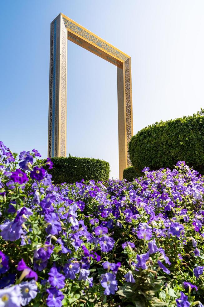 Dubai, United Arab Emirates - March 12, 2023-View of Dubai Frame while walking at Zabeel park during a sunny day photo