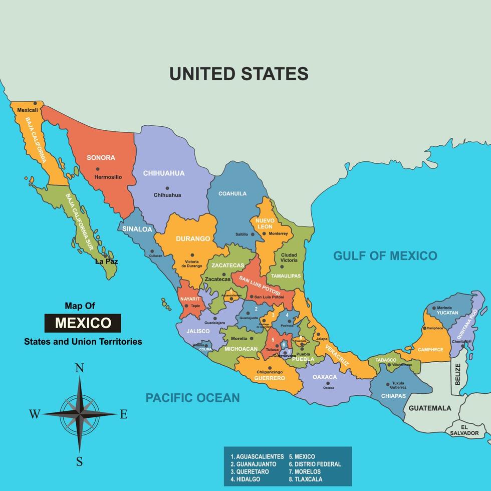 mexico mapa con distrito nombres vector