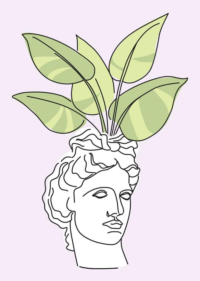 Flower pot in the form of an antique head of a statue with a houseplant. Vector illustration.