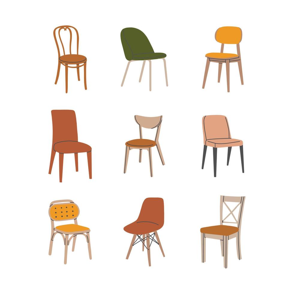 Set of various trendy colorful chairs. Furniture collection for interior design and decoration. Hand drawn vector illustration isolated on white background