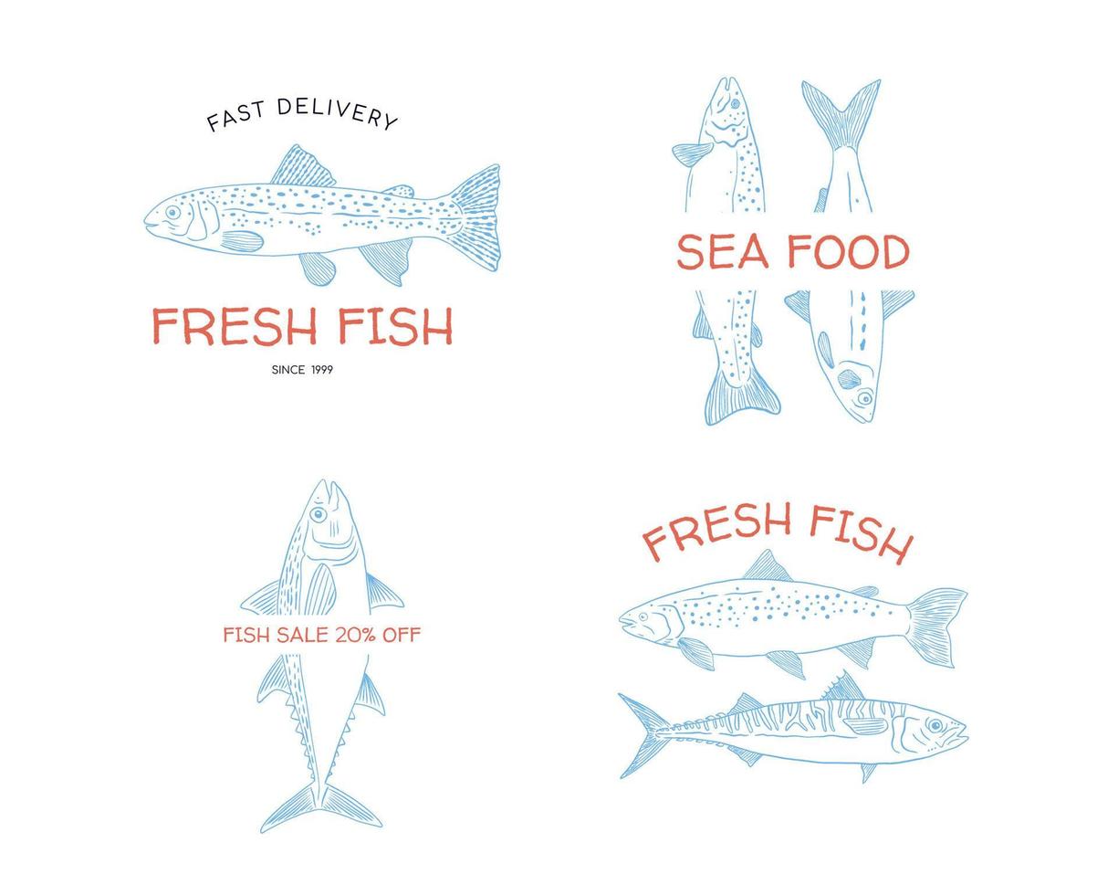 Hand drawn fish logo set in sketch style. Simple vector isolated illustration on white background