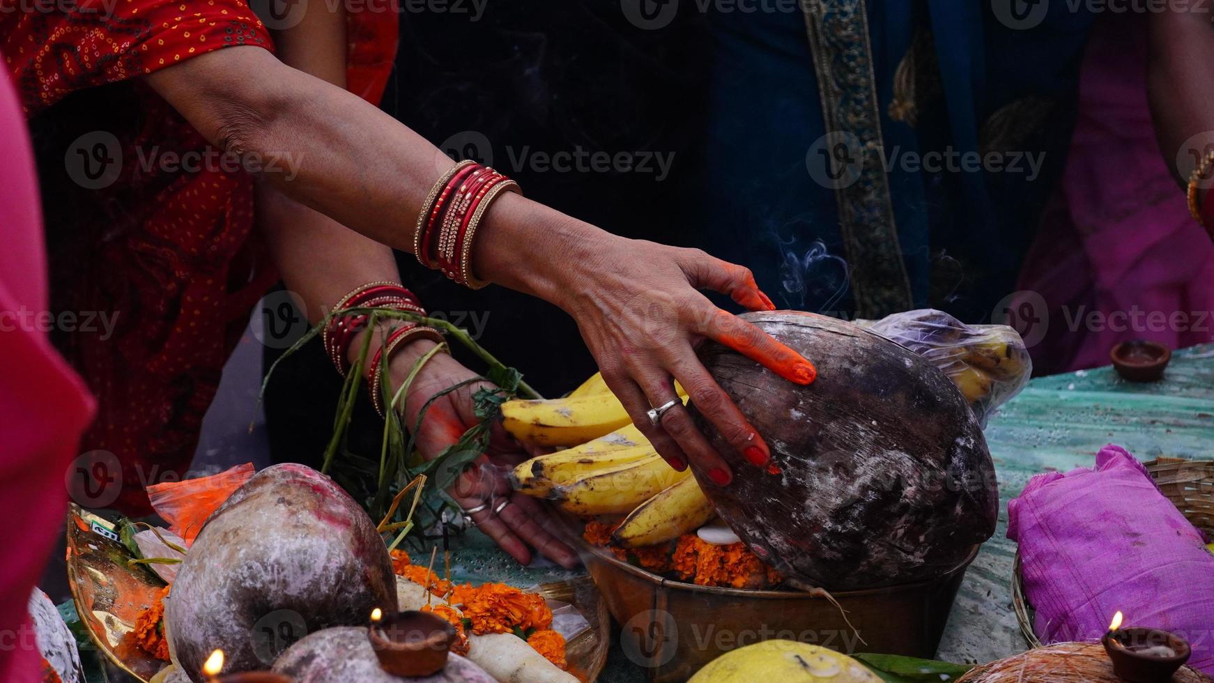 Chhath Puja ,Hindu devotee offer prasad ,fruits, vegetables photo