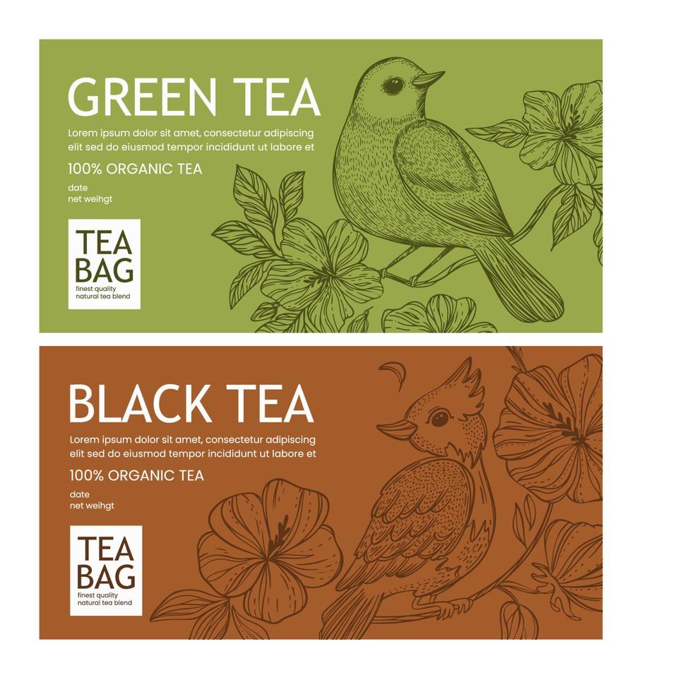 TEA PACKAGE WITH BIRD And Blossom Flowers Vintage Style Set vector