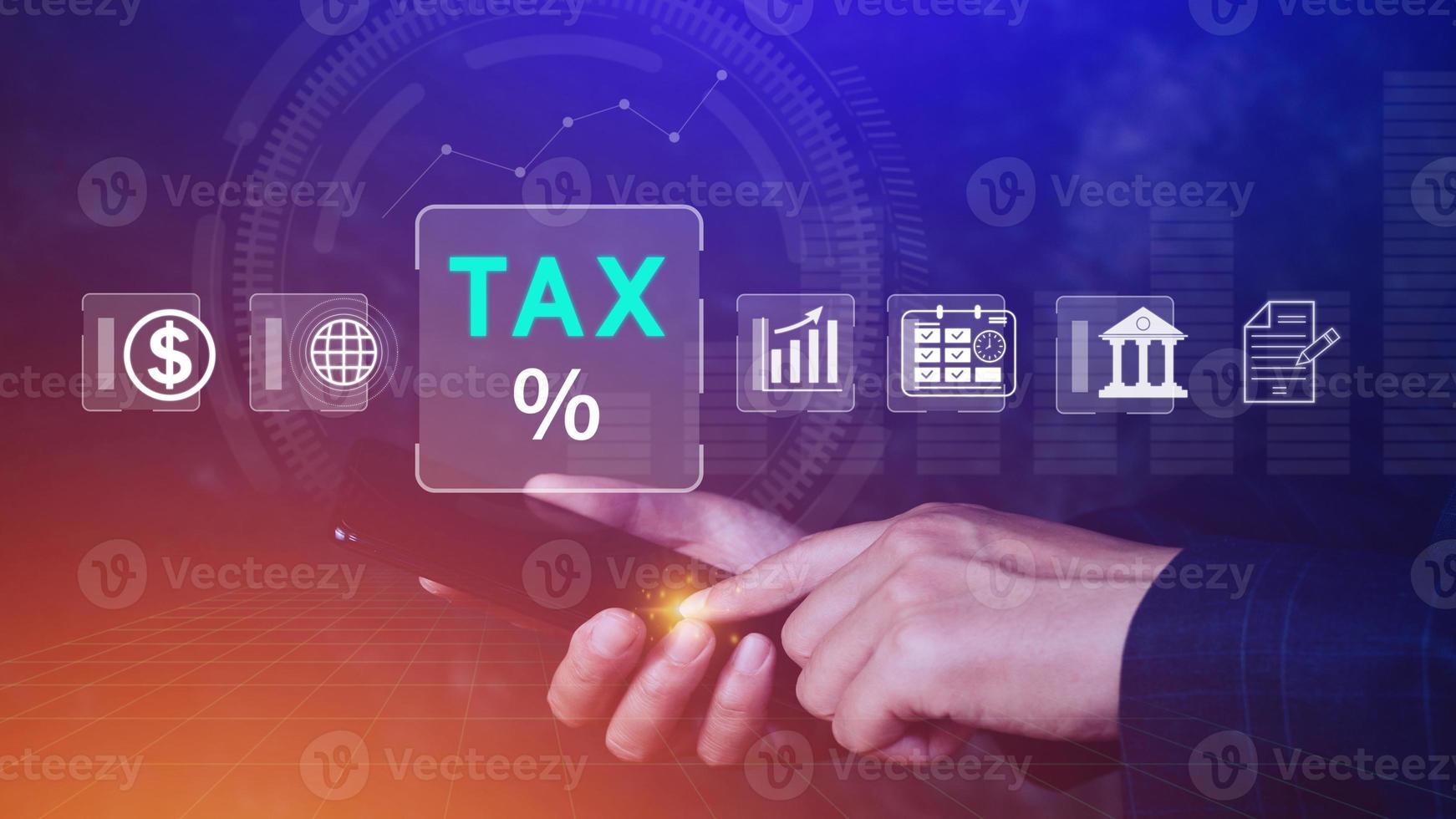 Business using smart phone to complete Individual income tax return form online for tax payment. Government, state taxes. Data analysis, paperwork, financial research, Calculation tax return. photo