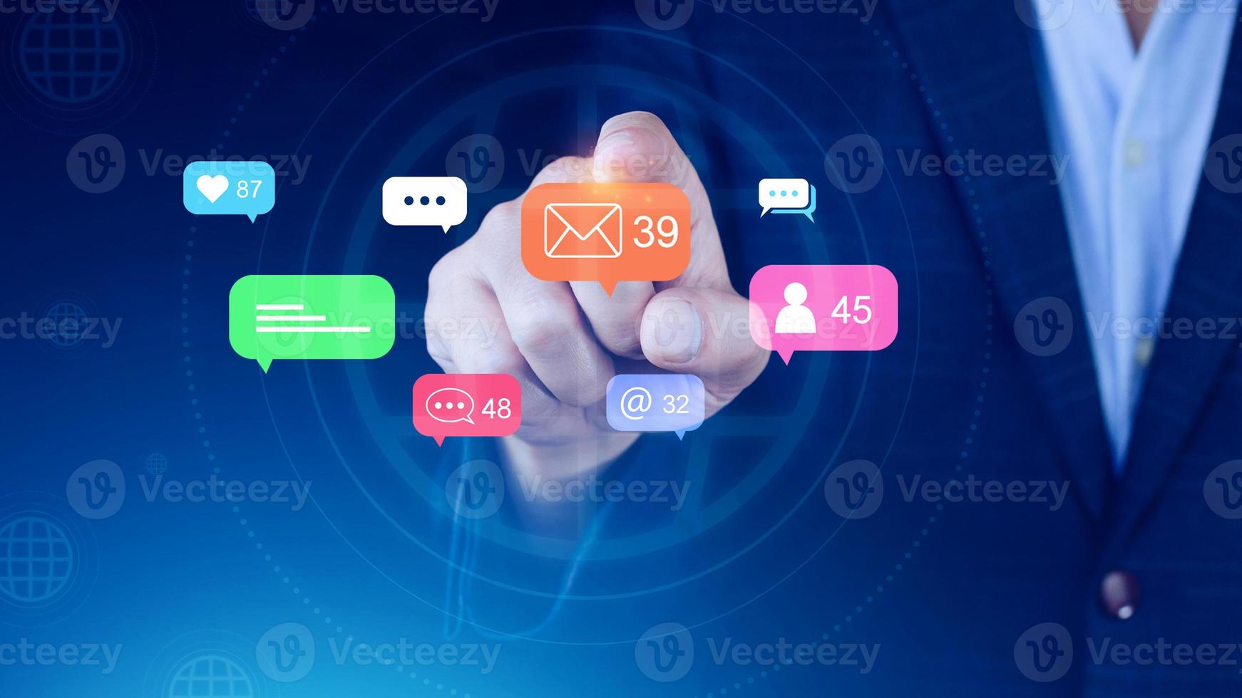 People using social media and digital online marketing concepts with icons such as notifications, messages, comments on the screen. photo