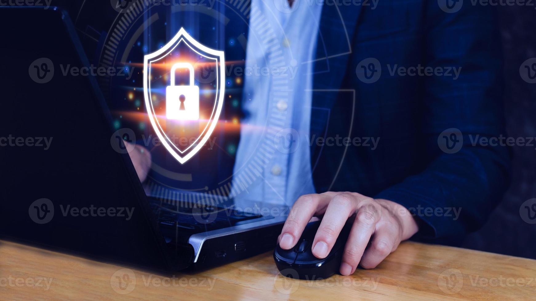 Computer network protection, secure and safe your data concept, businessman holding shield protection icon, Security shield Lock Security Businessman Protect Concept photo