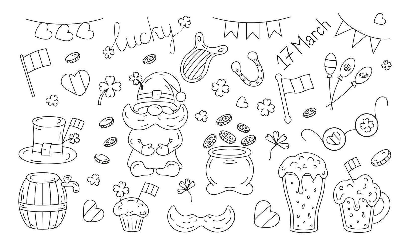 St Patrick line vector set. Dwarf hat, pot of gold, clover and flag, beer, balloons, mustache, coin.