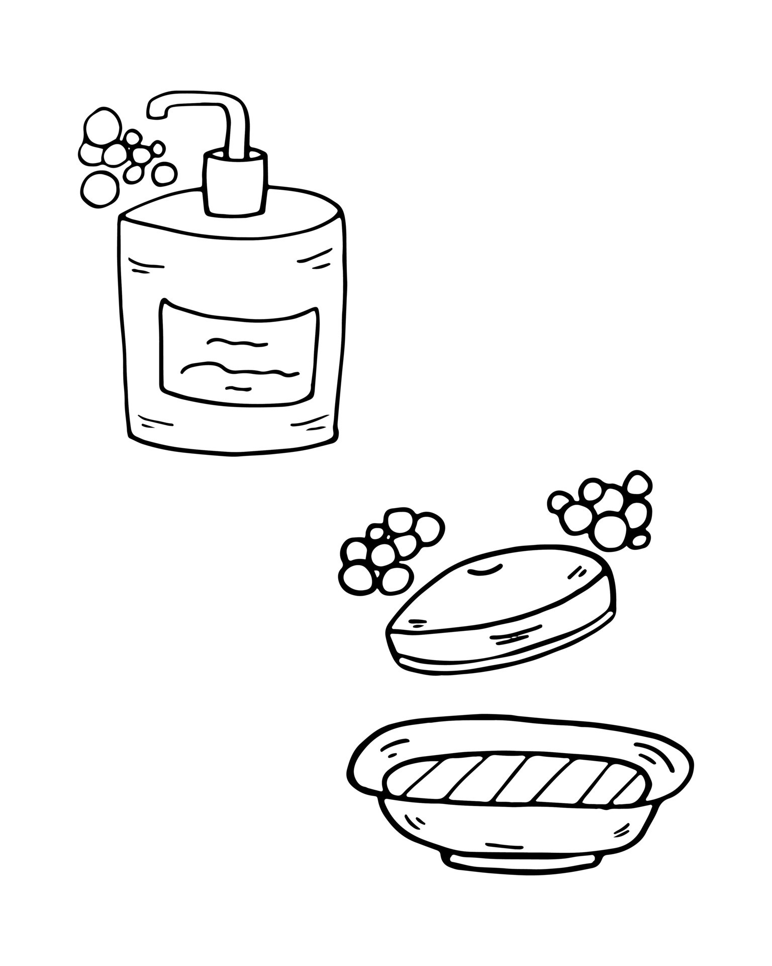 Coloring Page Soap, liquid soap in bottle with dispenser. Vector