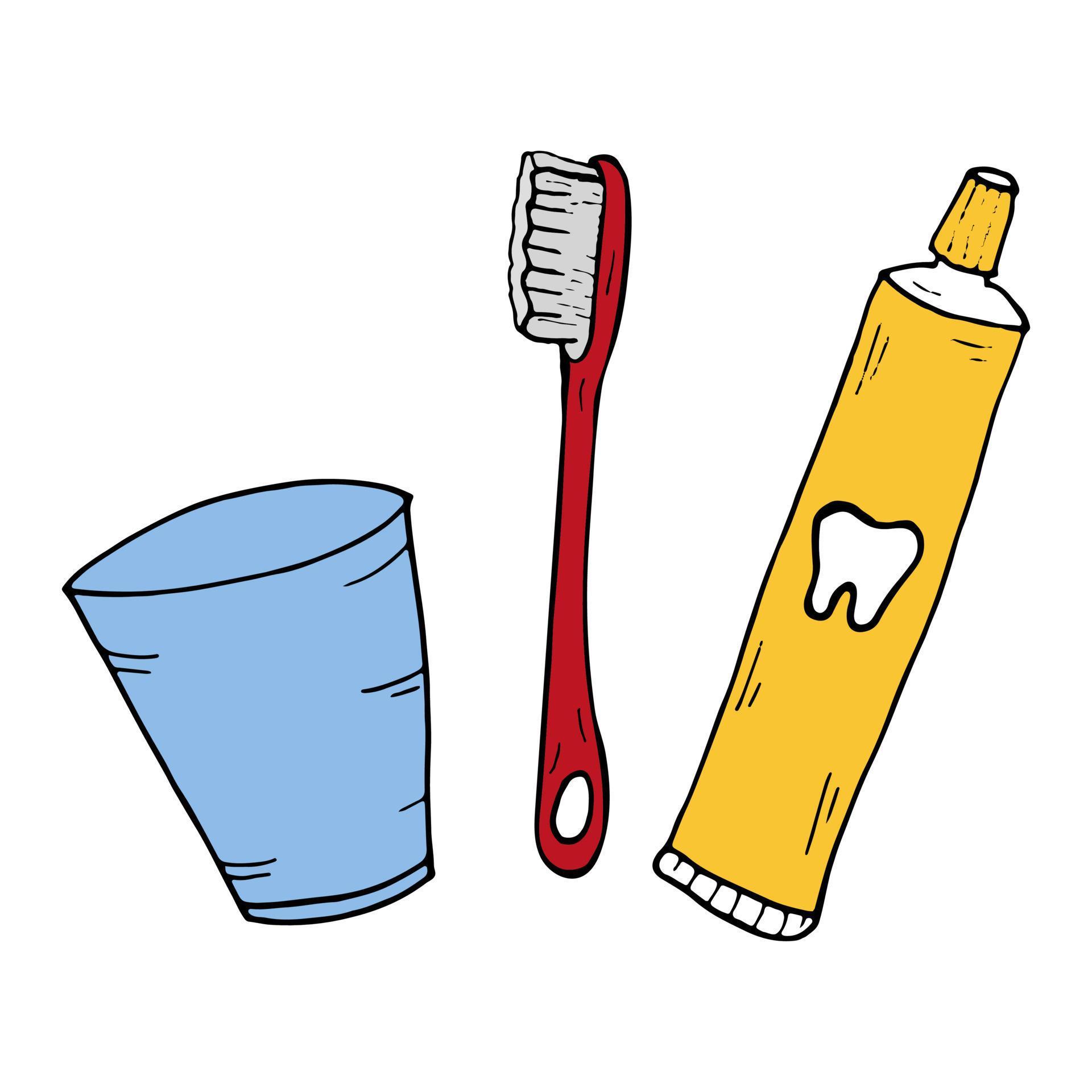 Toothbrushes, toothpaste, rinsing glass. Outline vector illustration. Doodle style. Hygiene