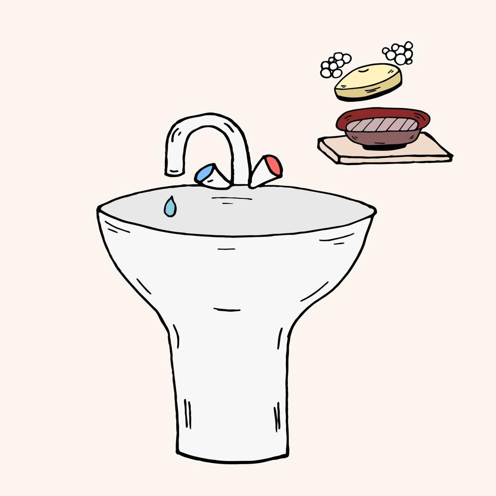 Washbasin and soap with foam. Doodle style Vector illustration. Hygiene element.