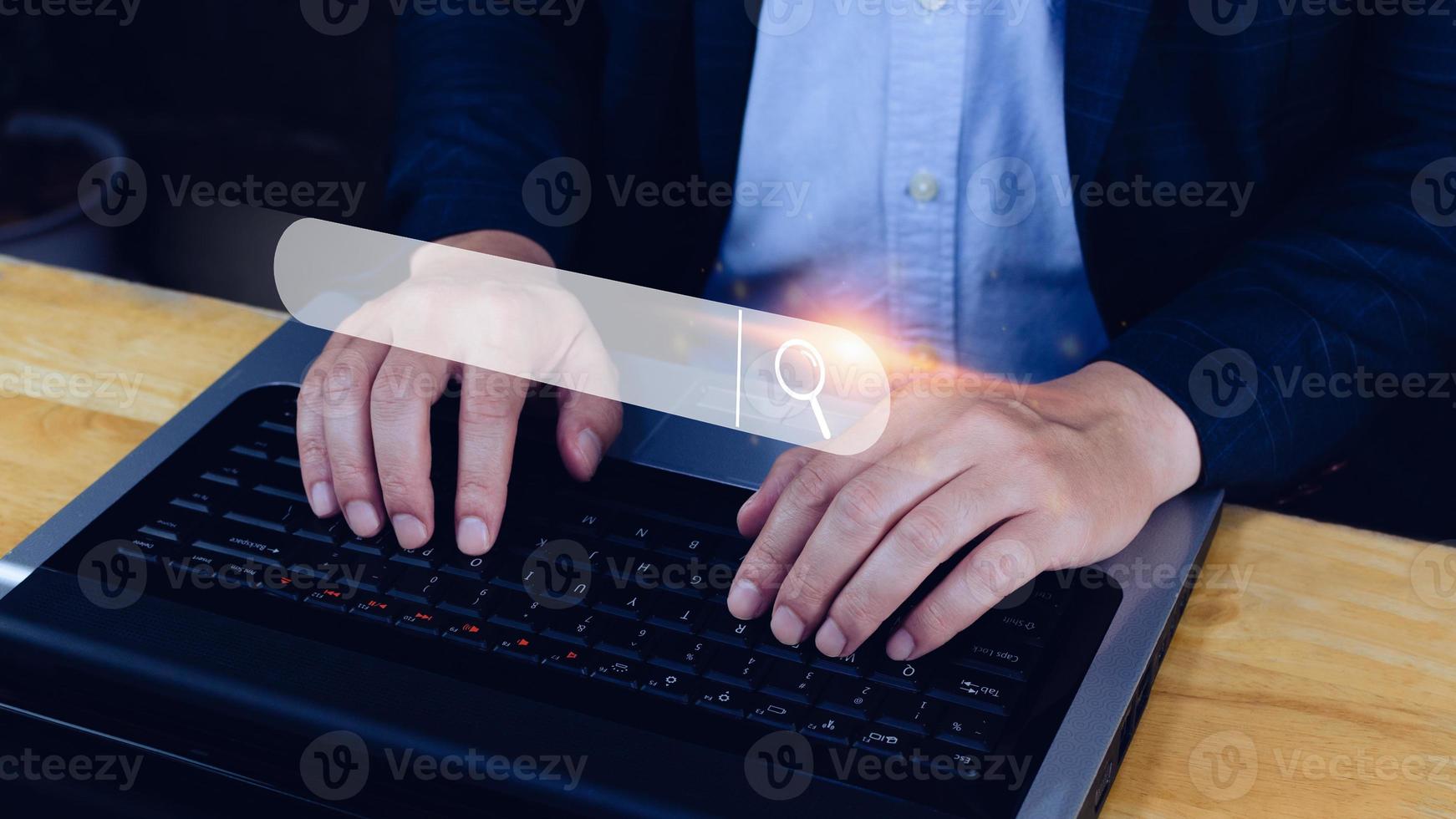 Businessman touching data search box information technology Search Engine Optimization. uses a search box to search for information on the Internet. photo