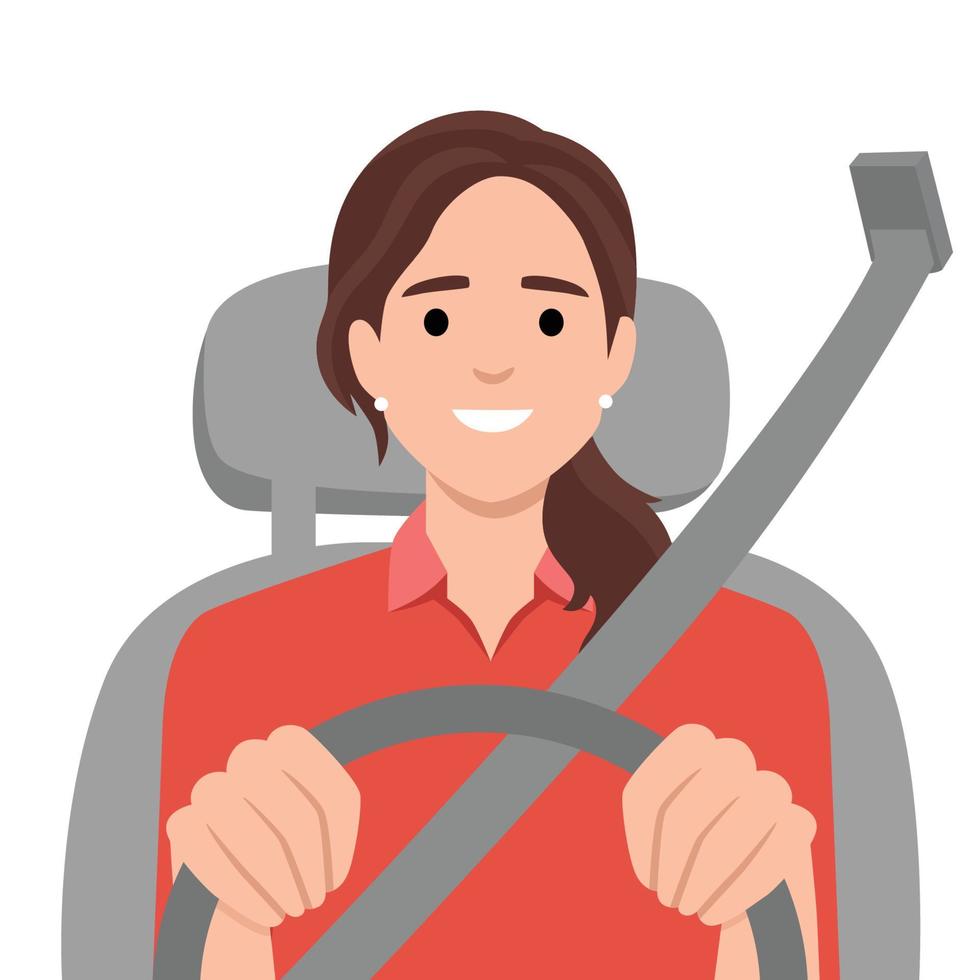 Car cockpit and a woman driver, front view with seat belt vector