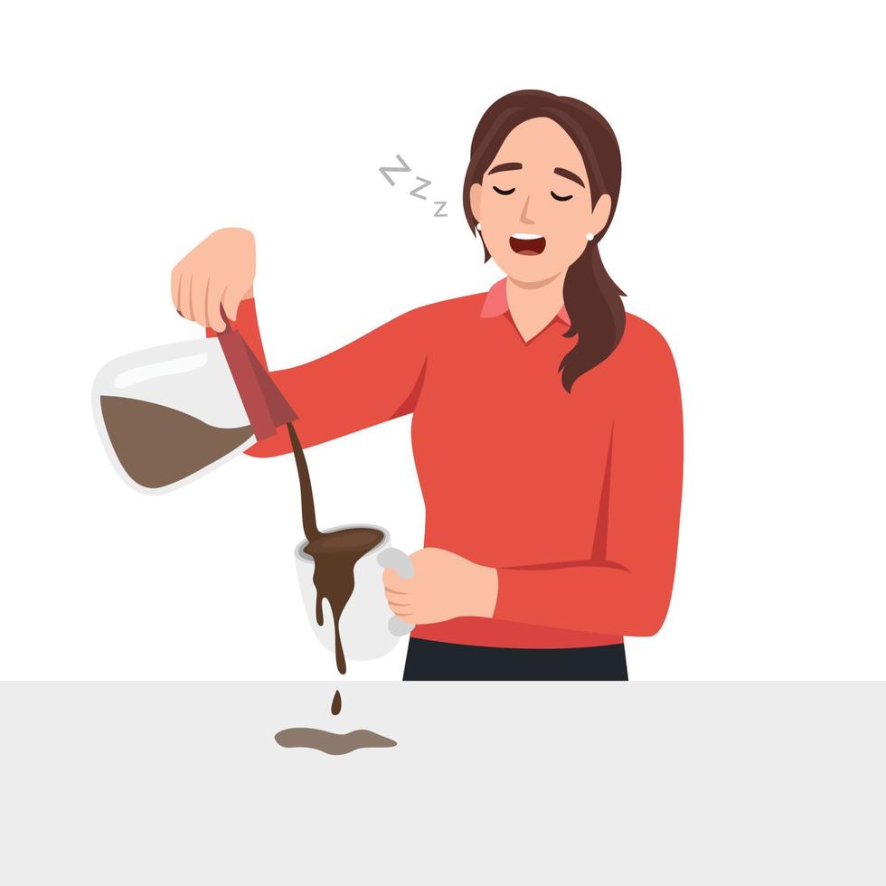 Sleepy tired young woman make coffee in morning feel fatigue after sleepless night. Drowsy girl exhausted need sleep relaxation. Early wakeup and exhaustion vector