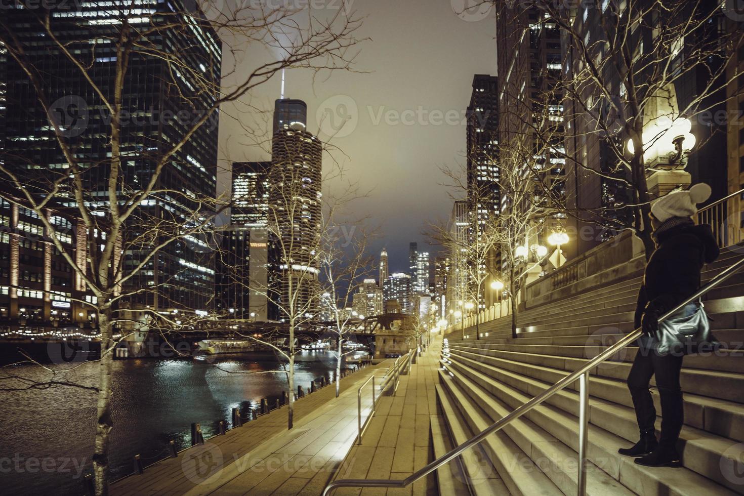 Buildings and architecture of downtown Chicago at night. photo