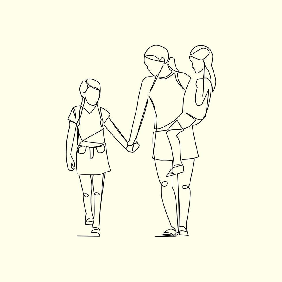 Mother adnd her children drawn in line art style vector