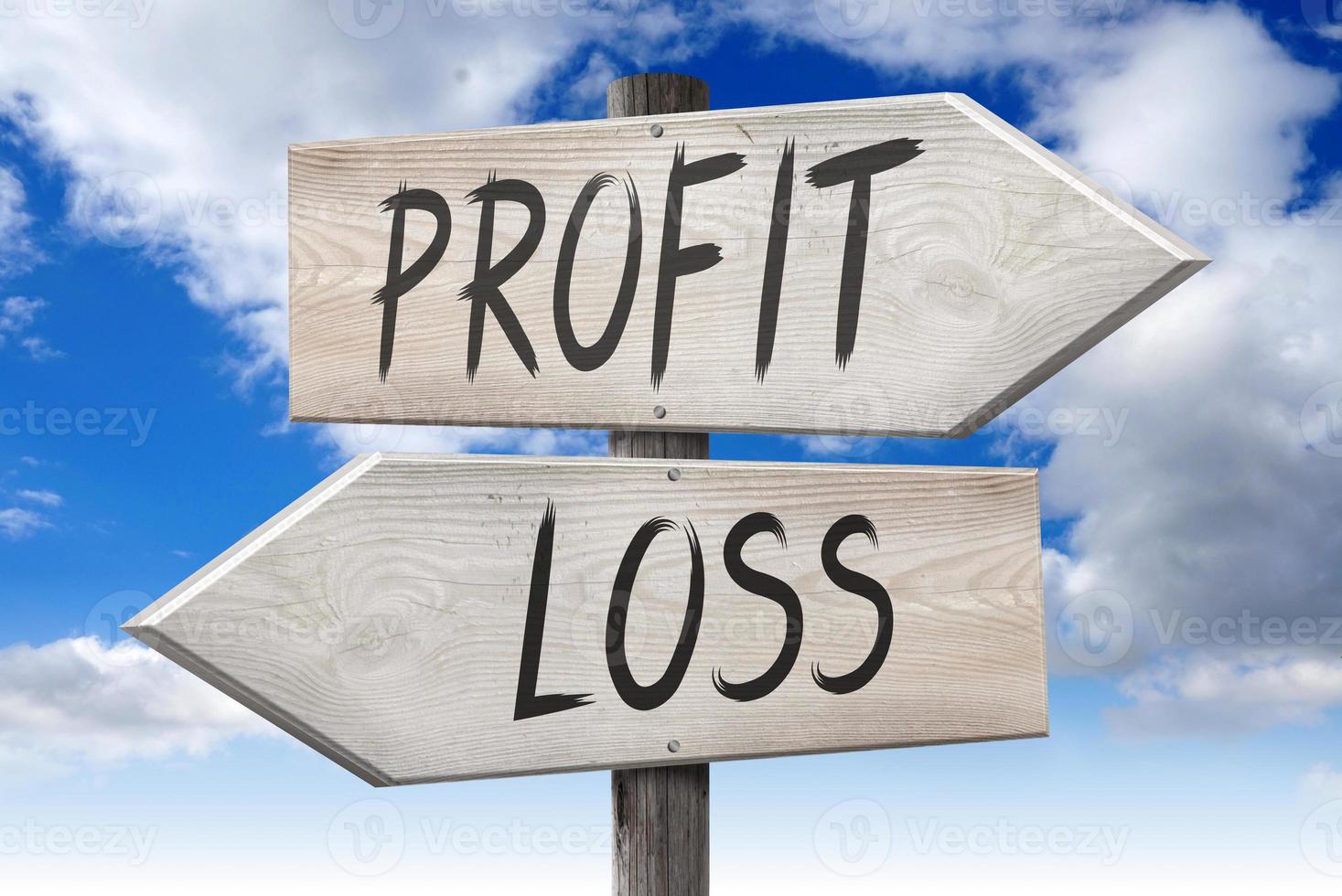 Profit, Loss - Wooden Signpost with Two Arrows and Cloudy Sky in Background photo